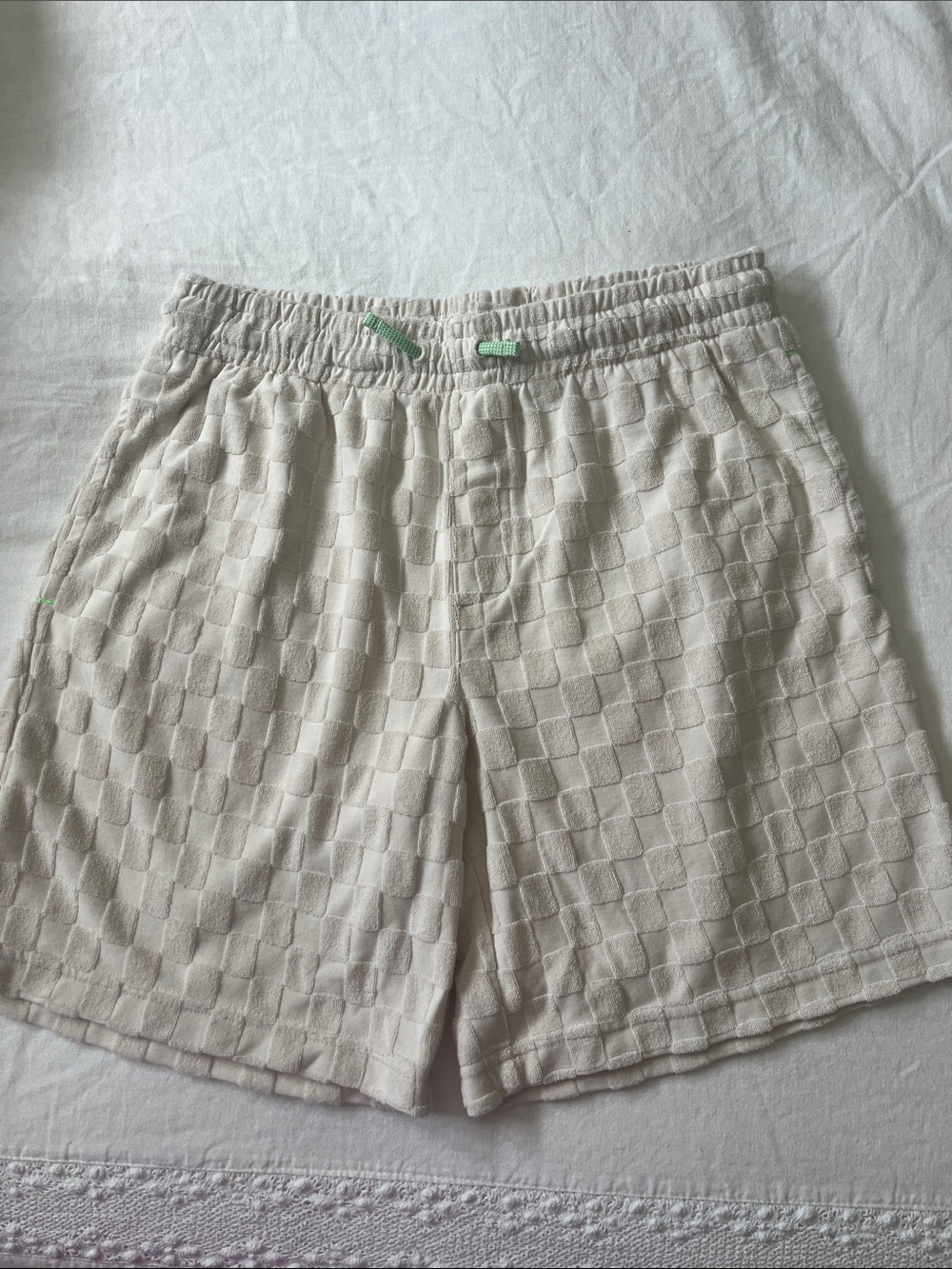 Crewcuts Ivory Terry Cloth Checkered Pattern Shorts with Elastic Waist, Size 14